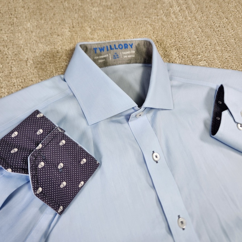 Twillory Shirt Men 15 Trim Fit Blue Skull Flip Cuff Performance Coolmax Button